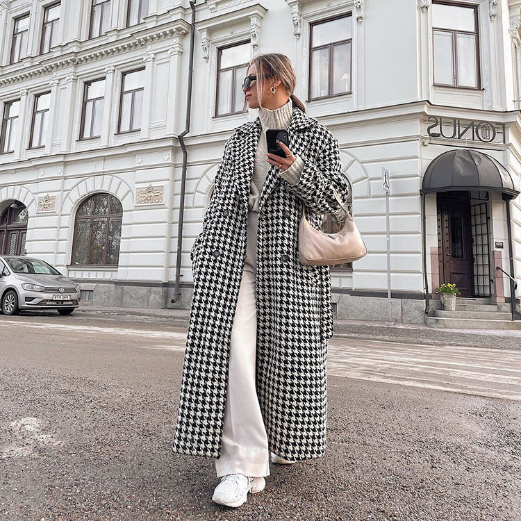 The Grande Dame Coat: Maxi Houndstooth Wool Blend Trench Feminé Luxé