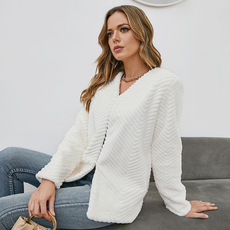 Exquisite Comfort V-Neck Faux Fur Cardigan Jacket Feminé Luxé