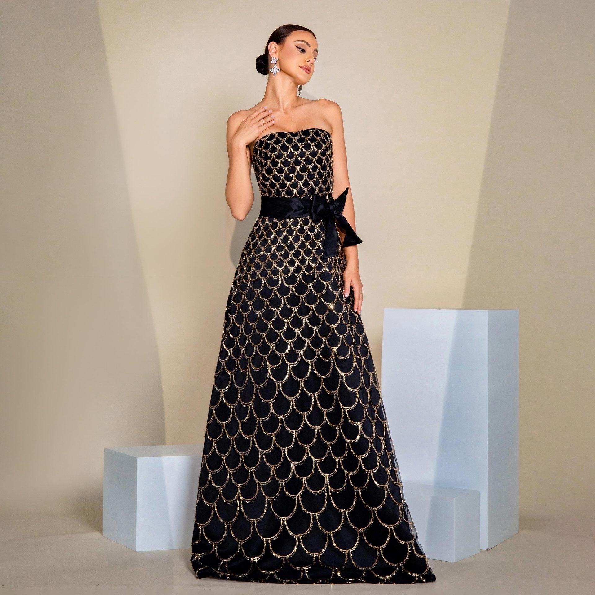 Off-Shoulder Sequined Evening Dress with Bow Waist & Elegant Swing Skirt Feminé Luxé