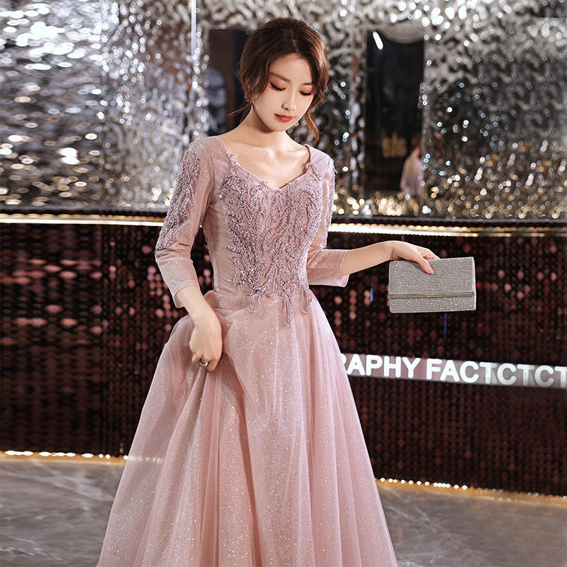 Elegant Long Sleeve Lace & Tulle Evening Gown in Soft Pink Feminé Luxé