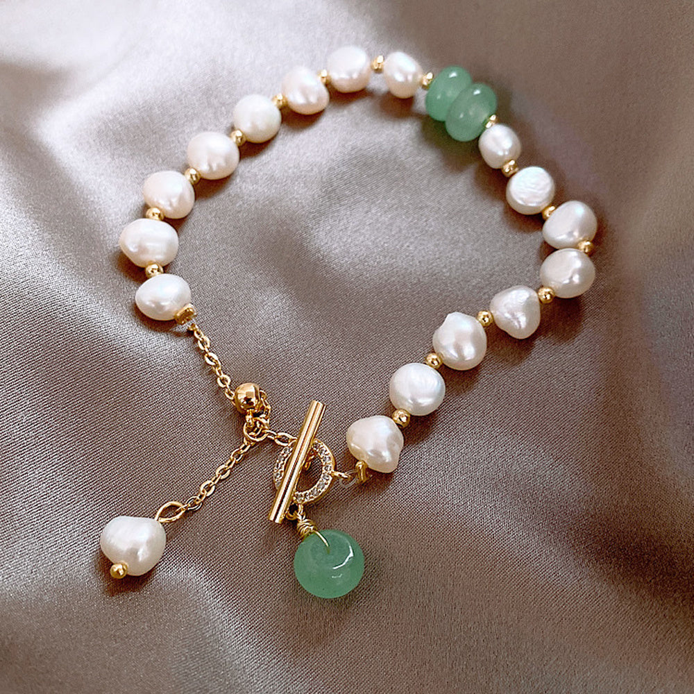 Chic Irregular Freshwater Pearl & Green Jade T-Bar Toggle Bracelet Feminé Luxé