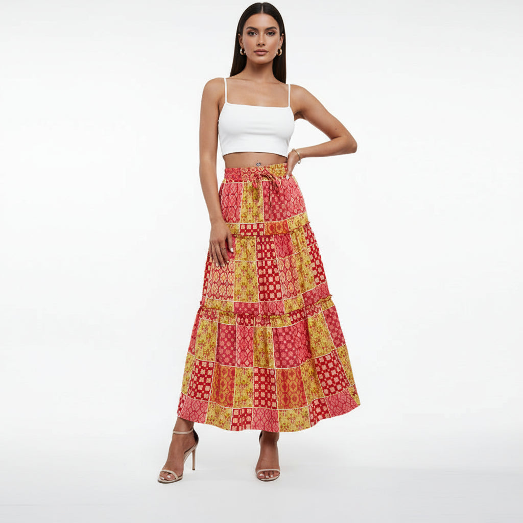 The Bohemian Resort Tiered Maxi Skirt | High-Rise & Hand-Printed Look Feminé Luxé