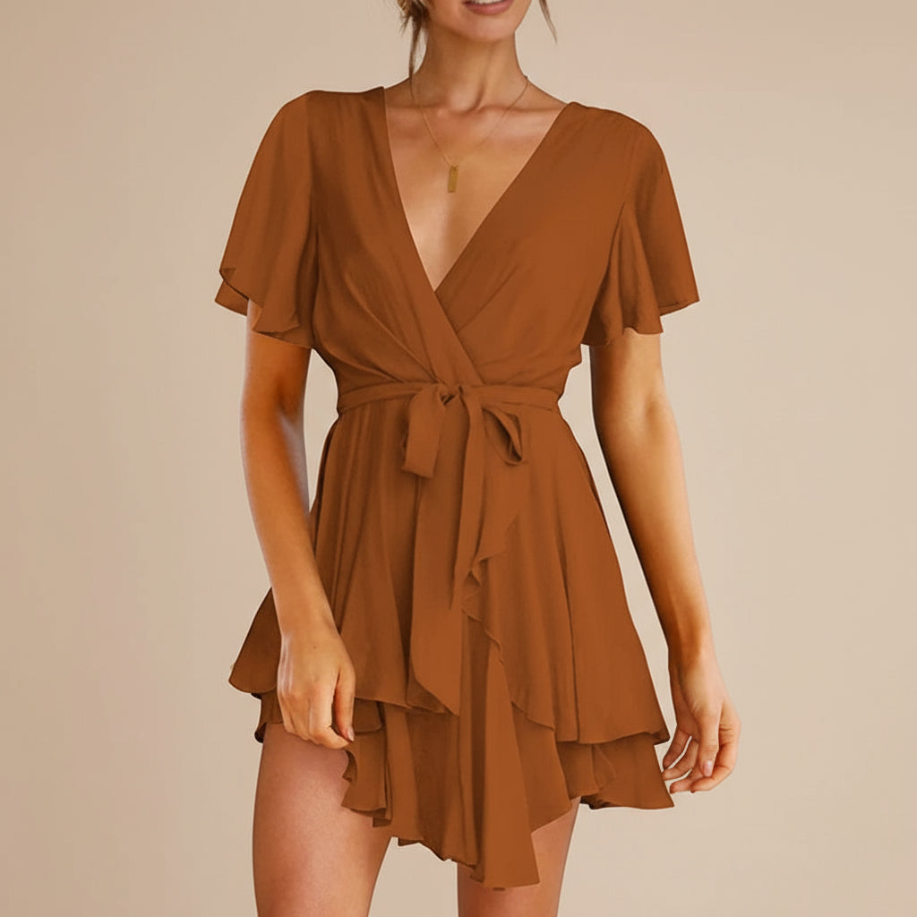 Emerald Green V-Neck Flowy Mini Dress Feminé Luxé