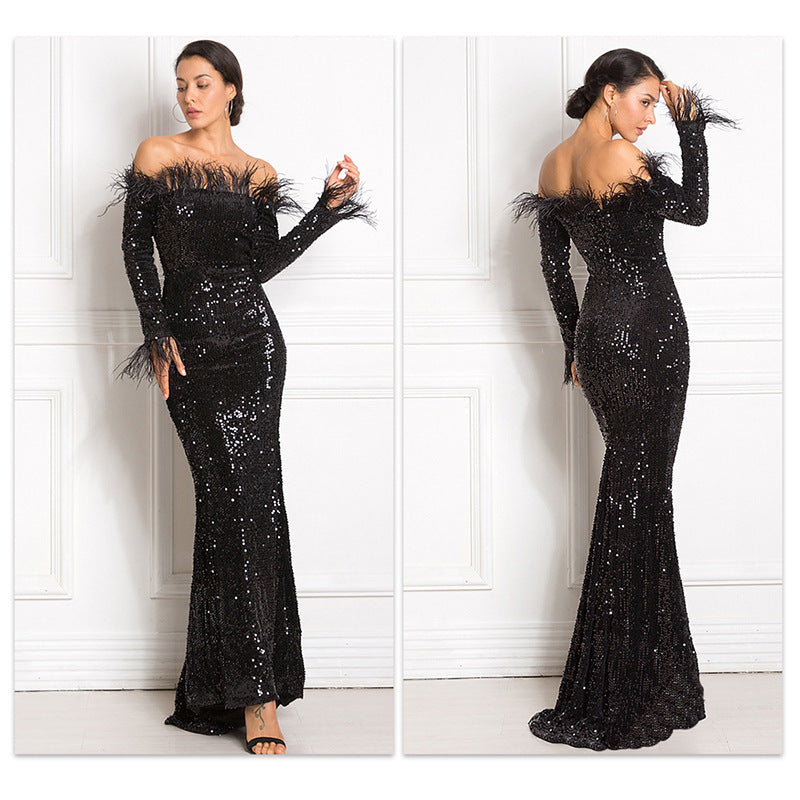 Off-Shoulder Sequined Fishtail Evening Dress – Elegant Party & Formal Gown Feminé Luxé