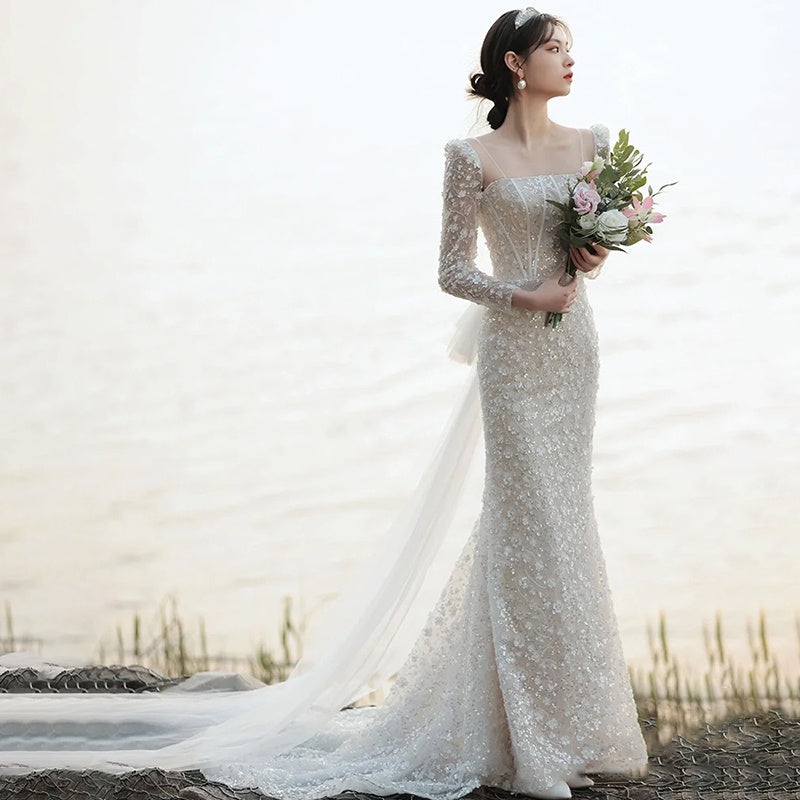 French Style Lace Fishtail Wedding Dress with Long Sleeves Feminé Luxé