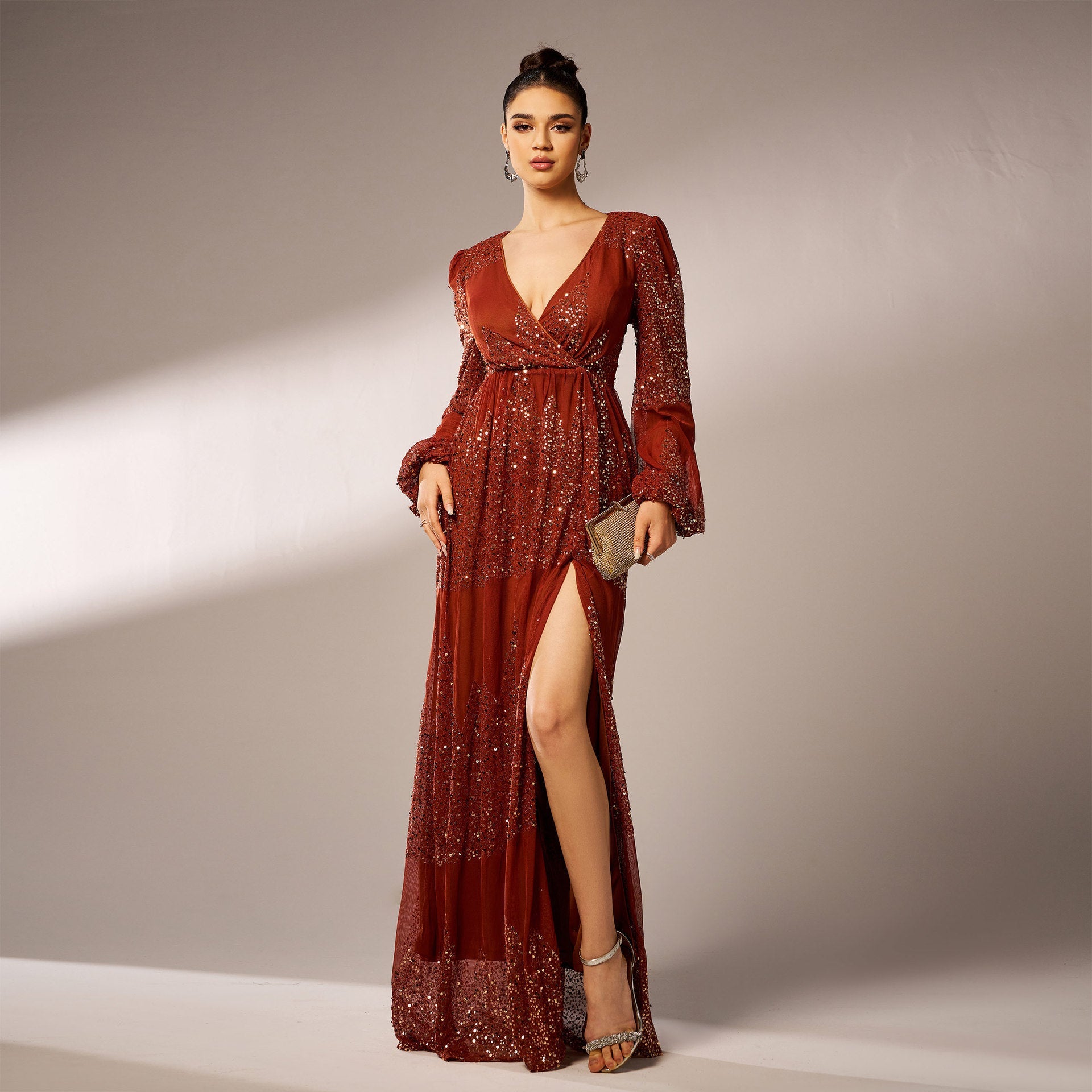 Long Sleeve V-Neck Sequined Evening Dress – Elegant Slit Design Feminé Luxé