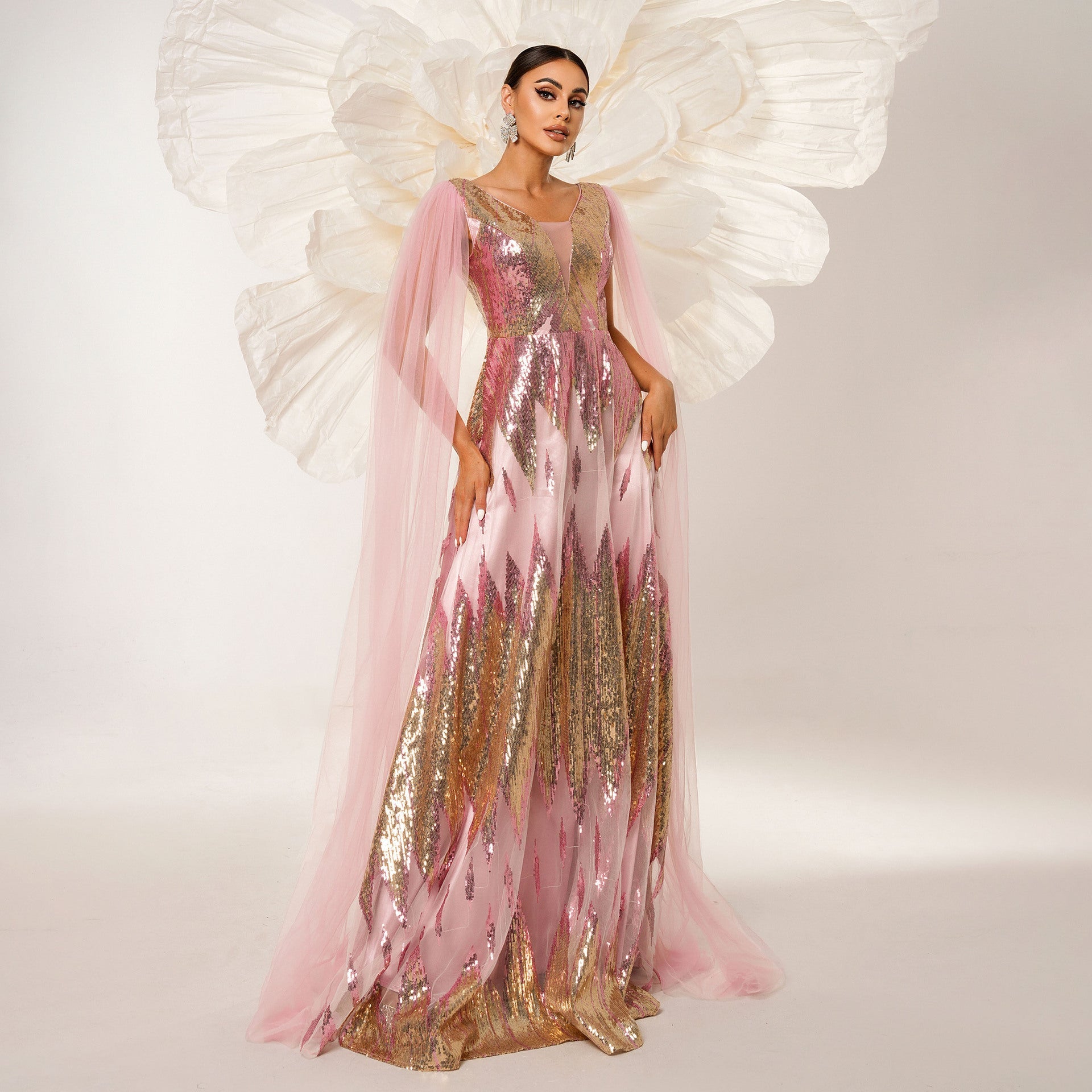 Mesh Long Sleeve V-Neck Sequins Swing Evening Gown Feminé Luxé