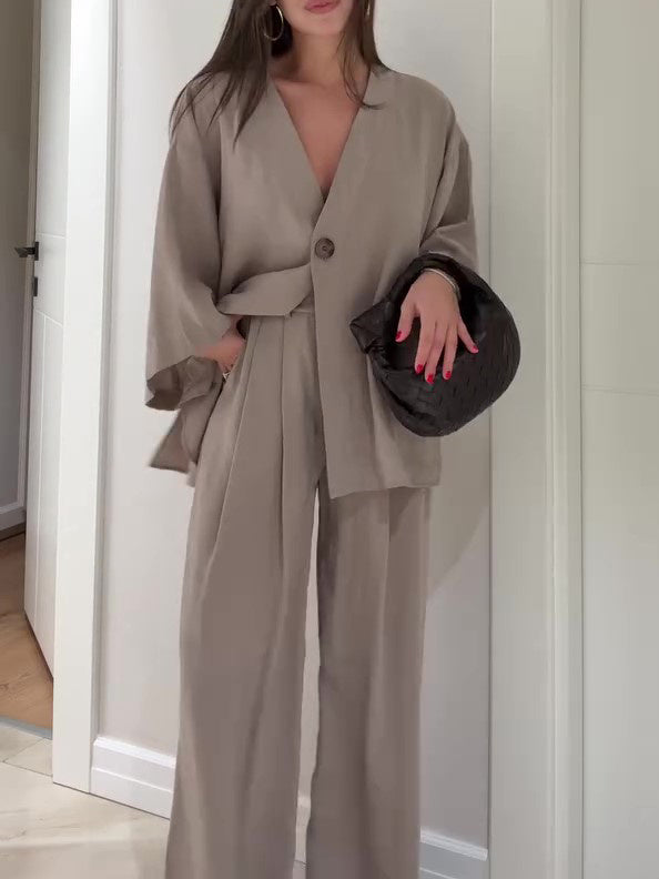 Minimalist Single-Button Top & Wide-Leg Pant Set | Feminé Quiet Luxury Co-ord Feminé Luxé