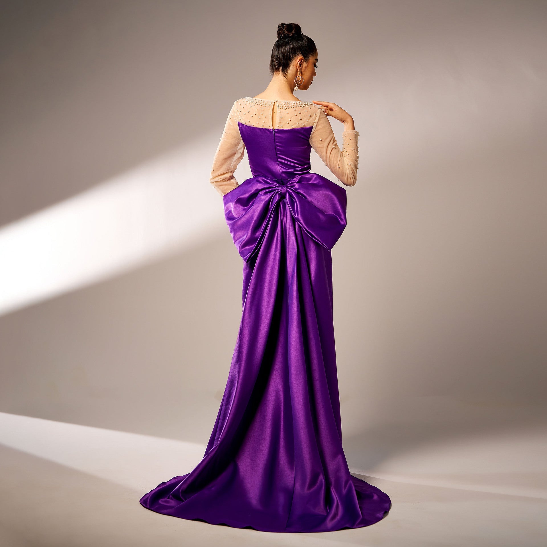 Royal Purple Long Sleeve Beaded Bow Evening Gown Feminé Luxé
