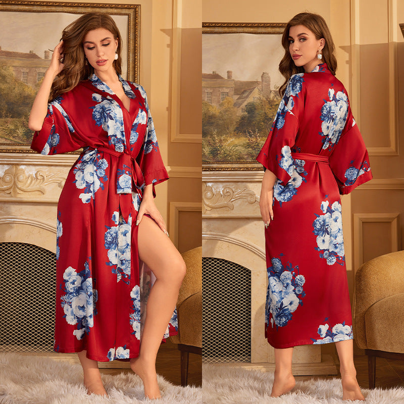 Elegant Printed Satin Maxi Kimono Robe | Luxurious Night Gown Feminé Luxé