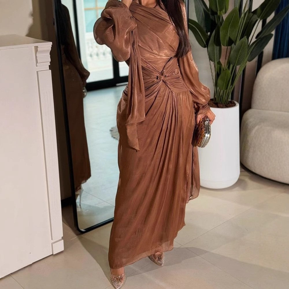 Pleated Bronze Satin Maxi Evening Dress Feminé Luxé