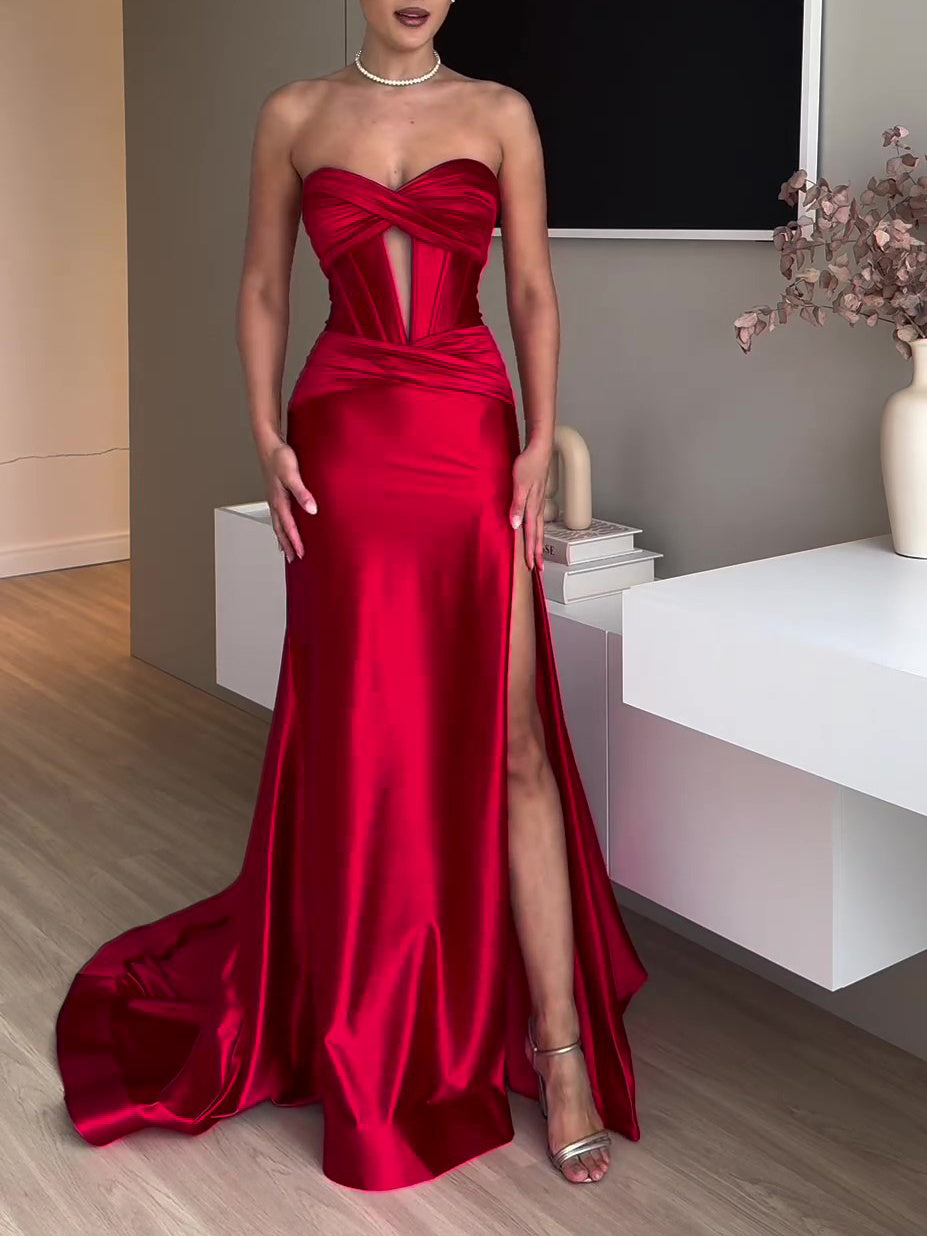 Elegant Red Satin Tube Top Evening Dress with High Slit & Train Feminé Luxé