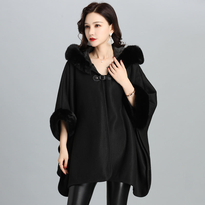 Elegant Faux Fur Trim Hooded Cape Shawl Feminé Luxé