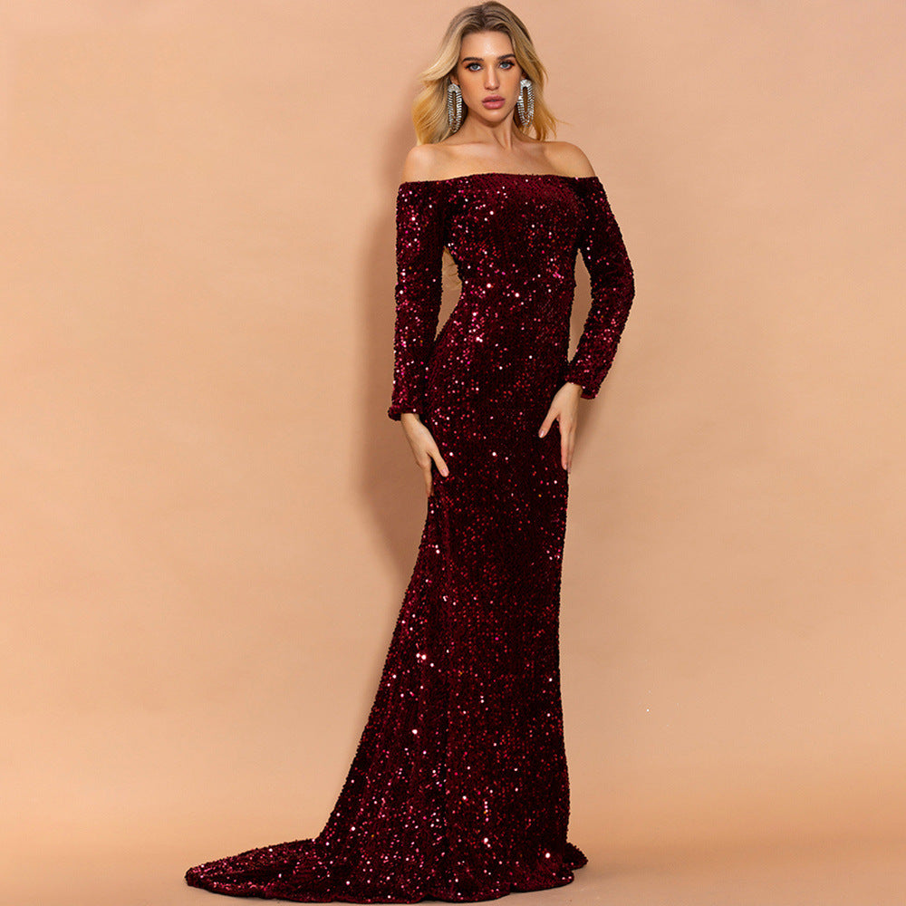 Elegant Off-Shoulder Long Sleeve Sequin Evening Gown Feminé Luxé