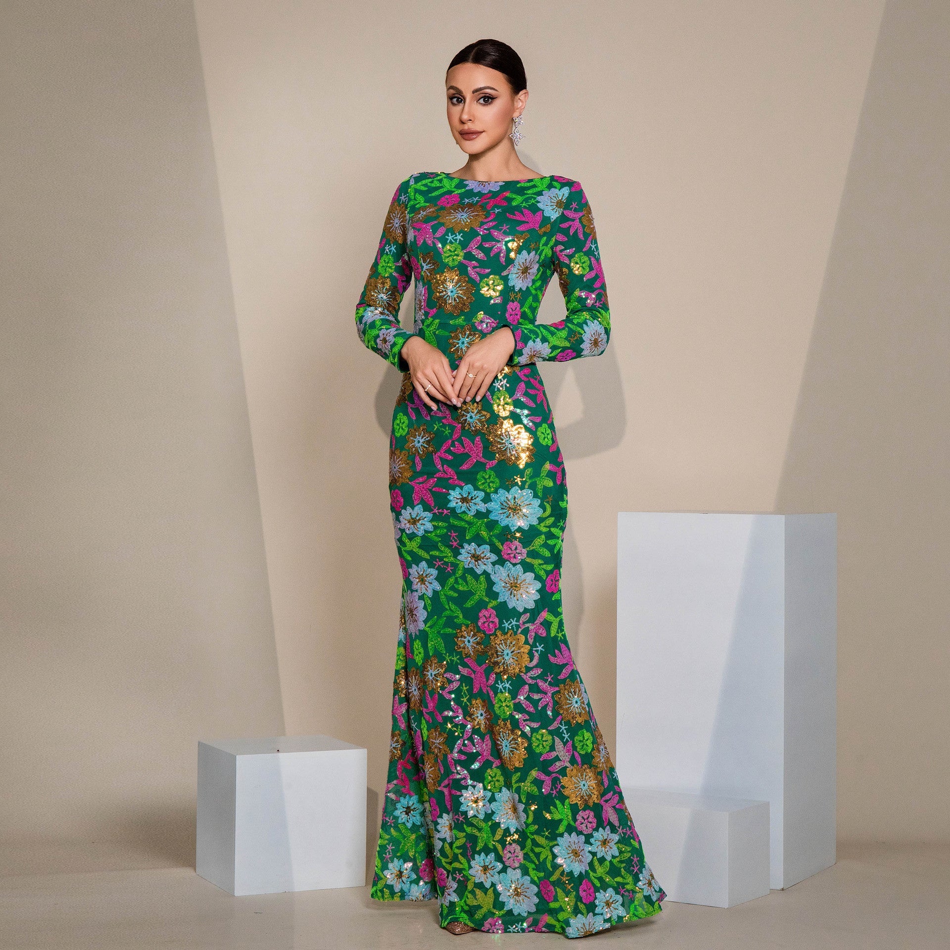 Floral Sequin Long Sleeve Crew Neck Evening Gown Feminé Luxé