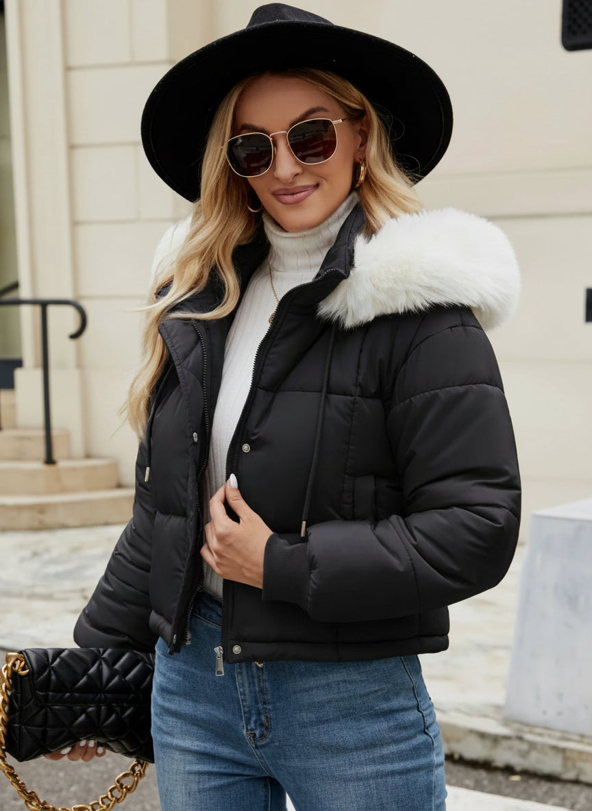 Chic Cropped Puffer Jacket with Detachable Faux Fur Hood Feminé Luxé