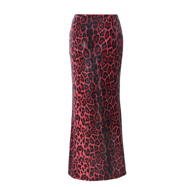 Leopard Print Sequin Stitching Stretch Skirt Feminé Luxé