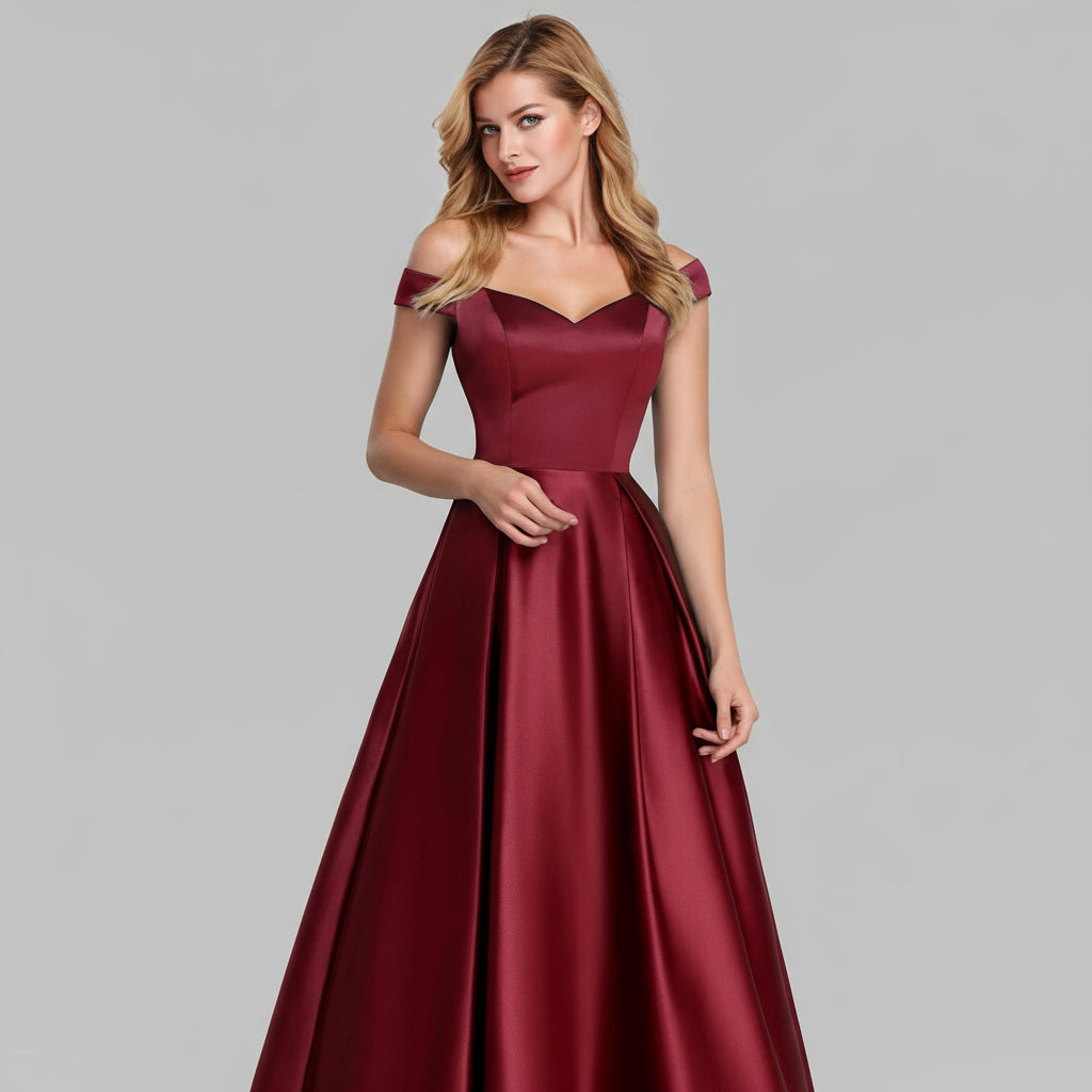 Red Satin Off-Shoulder Ball Gown | Deep V-Neck Full-Length Prom & Event Dress Feminé Luxé
