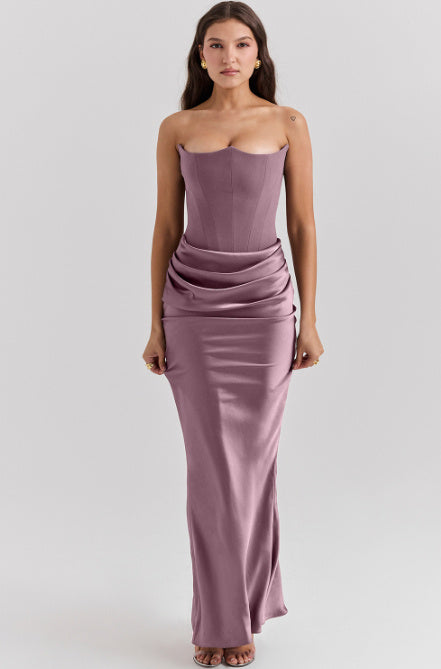 Scarlet Siren Backless Bandeau Maxi Dress | Luxurious Evening Gown & Socialite Attire Feminé Luxé
