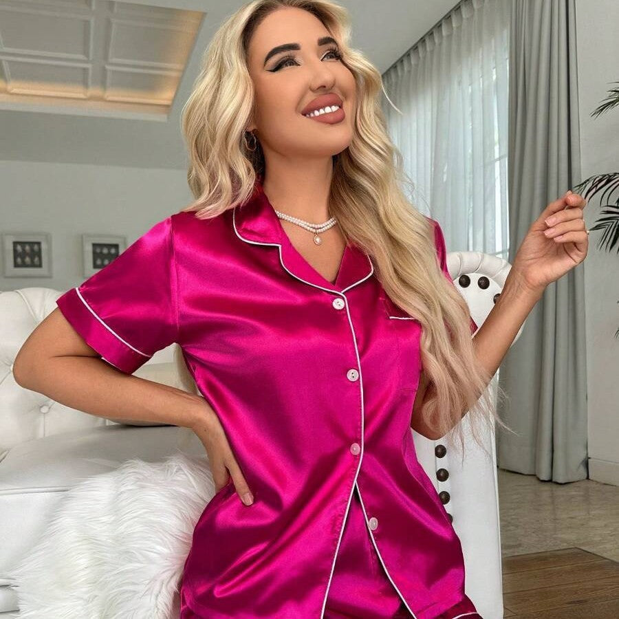 Effortless Silky Satin Pajama Set - Short Sleeve Top & Long Pants Loungewear Feminé Luxé