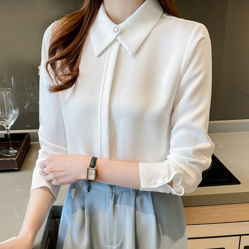 Elegant Chiffon Business Blouse - Silky Drape & Pearl Collar Feminé Luxé