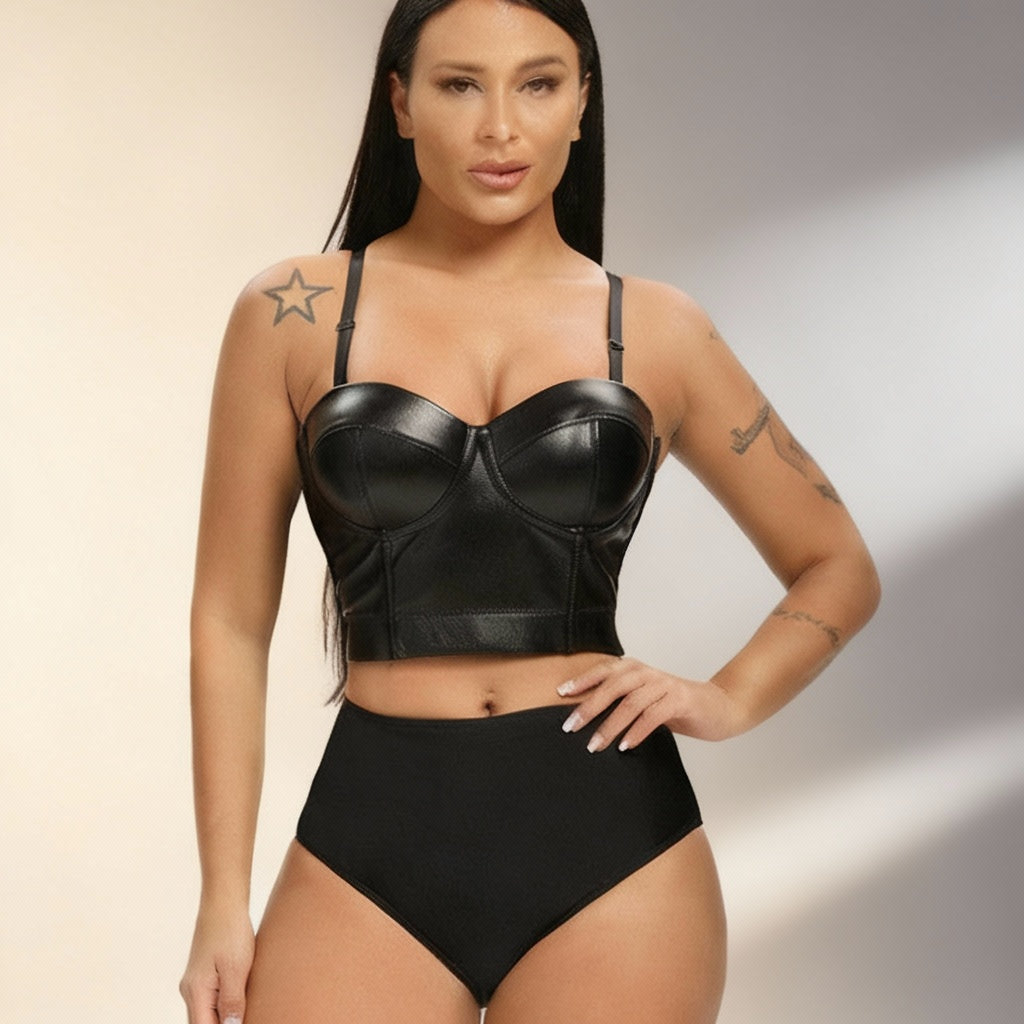 Edgy Faux Leather Tube Corset - Structured Backless Bustier Vest Top Feminé Luxé