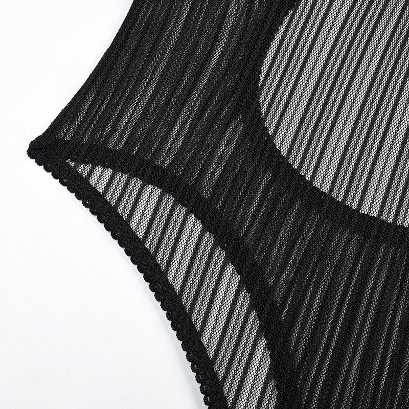 Seductive Striped Mesh Bodysuit with Underwire Support - Black Lingerie Feminé Luxé