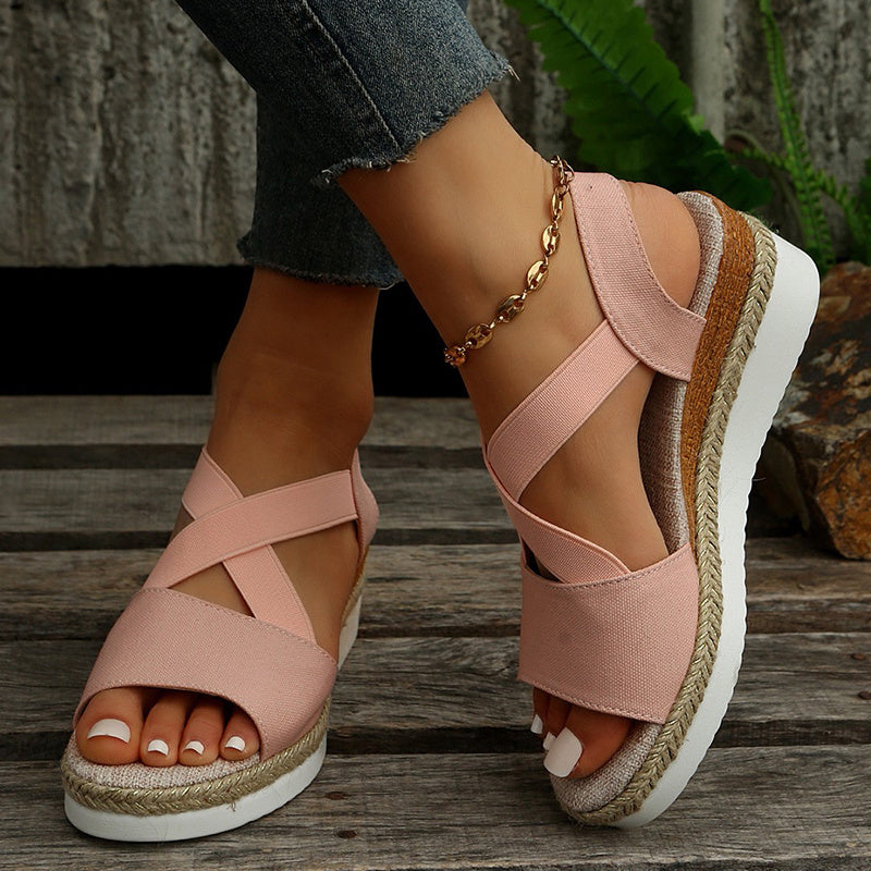 The Rhodes Gladiator Wedge: Cross-Strap Platform Canvas Heel Feminé Luxé
