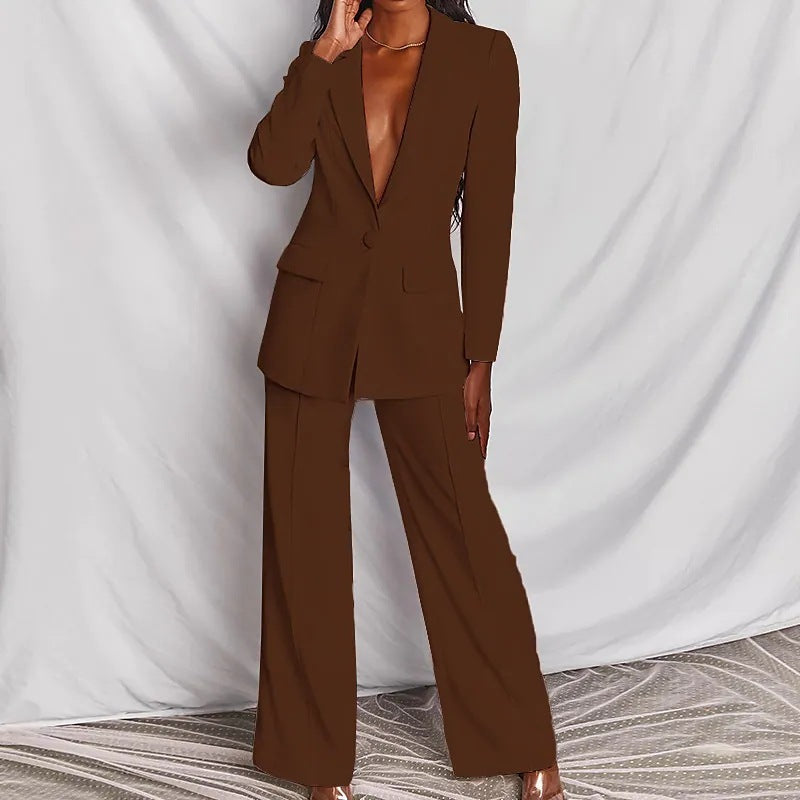 Elegant Spring Solid Color Blazer & Wide Leg Pant Set Feminé Luxé