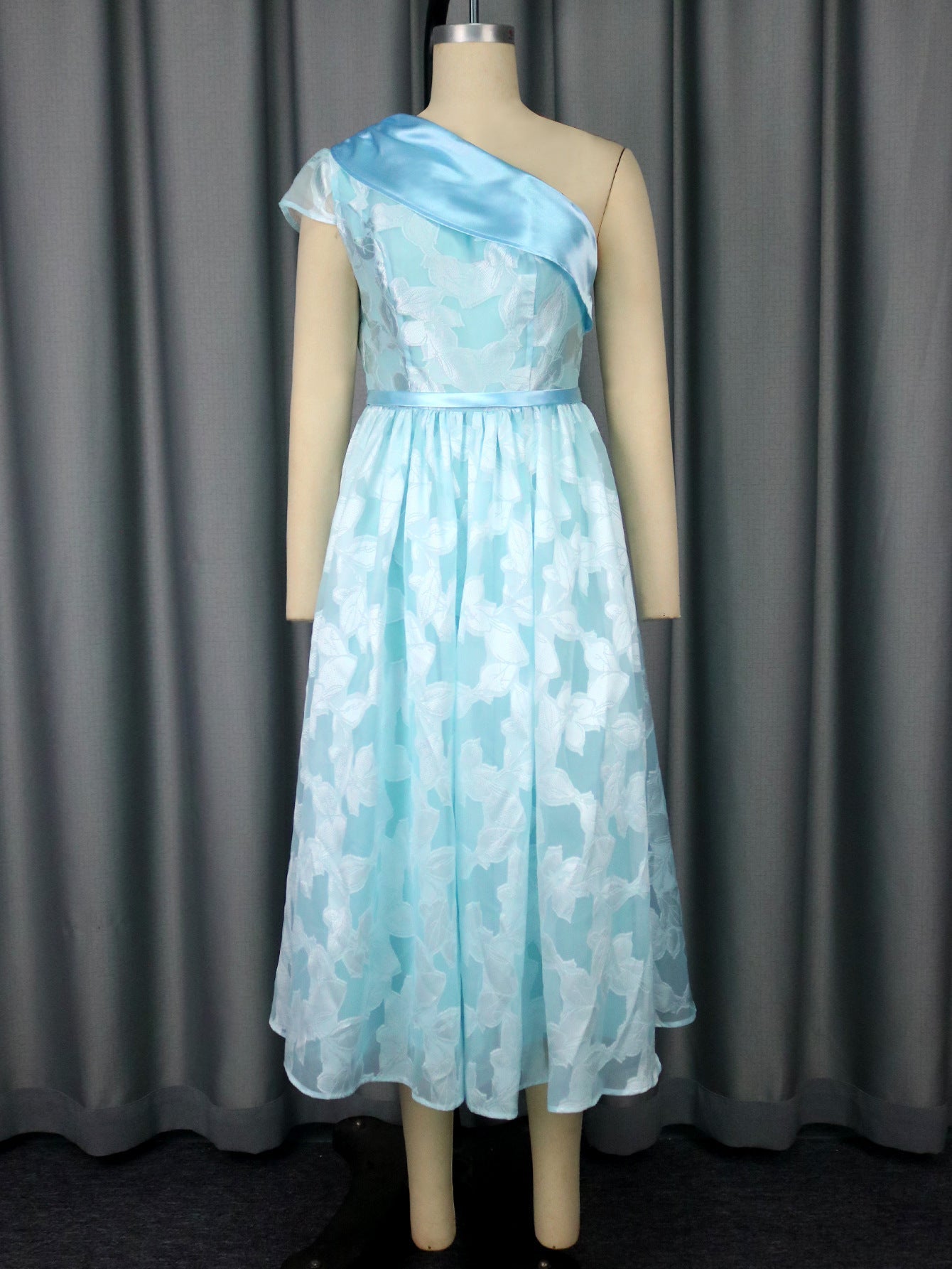 One-Shoulder Jacquard Contrast Evening Dress – Elegant Midi Banquet Gown Feminé Luxé