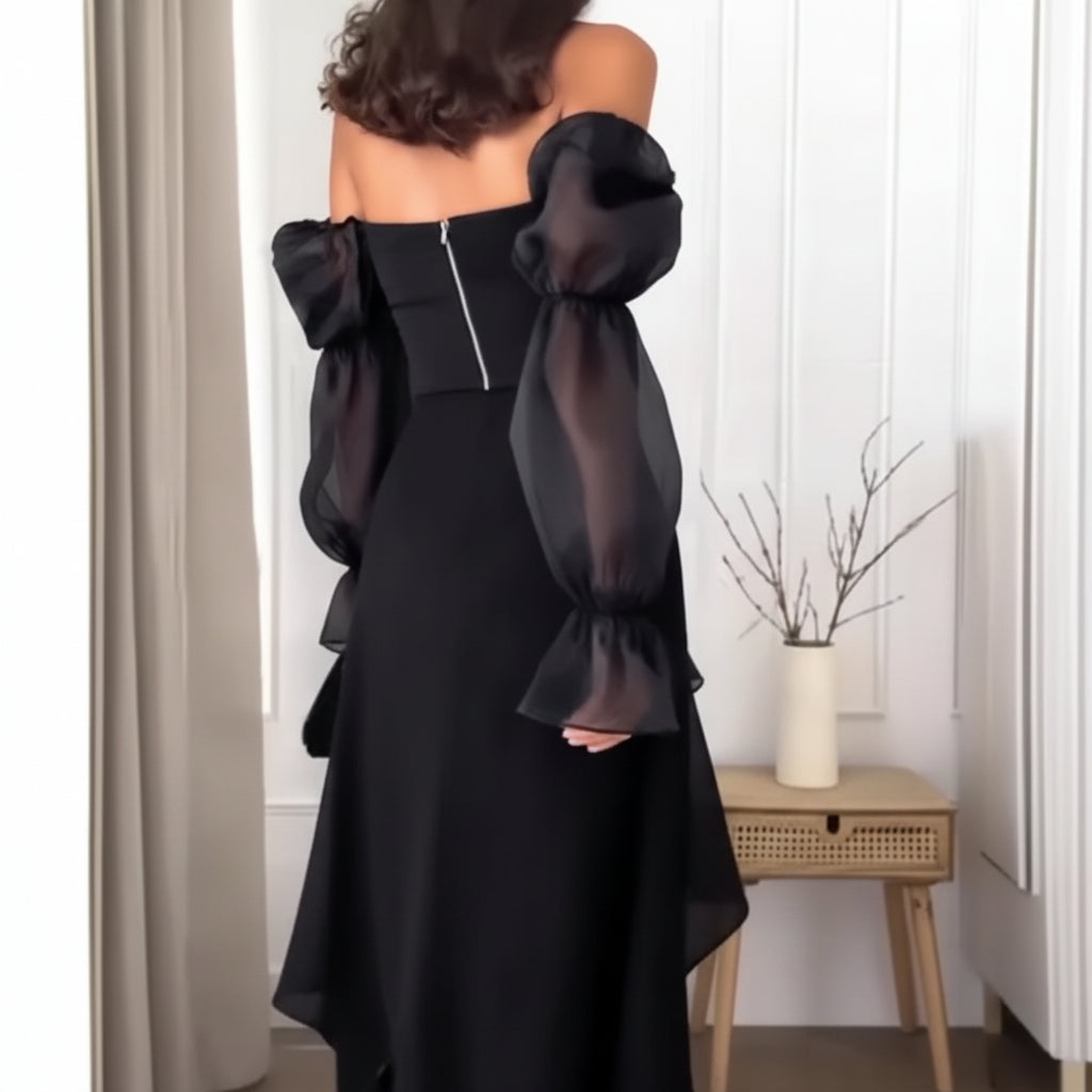 Chic Off-Shoulder Tube Top Maxi Dress with Sheer Lantern Sleeves and Thigh Slit Feminé Luxé