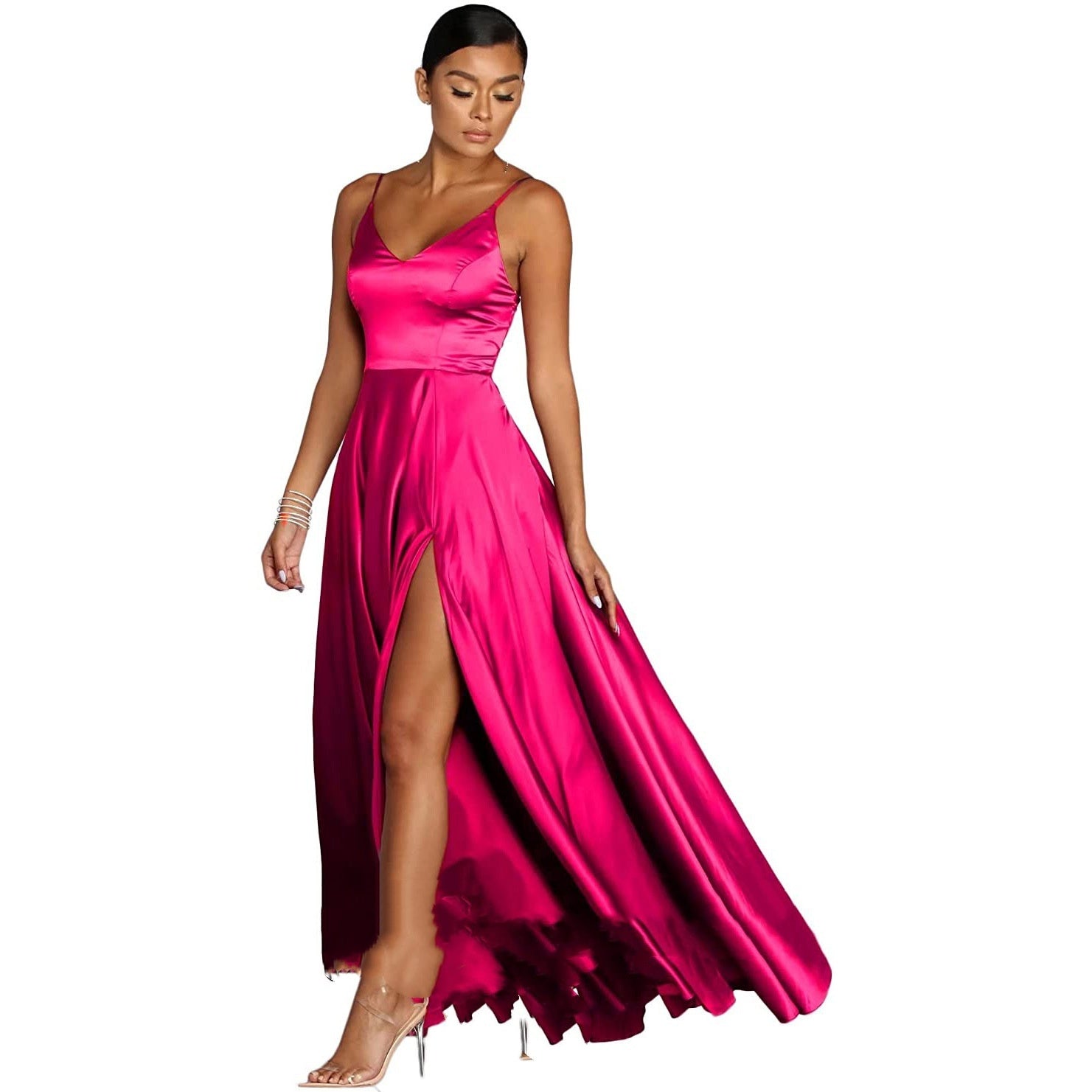 Elegant Satin V-Neck A-Line Long Evening Dress Feminé Luxé
