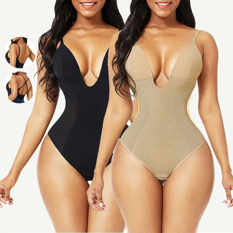 Deep V-Neck Full Body Shaping Corset Bodysuit - Open Back Tummy Control Top Feminé Luxé