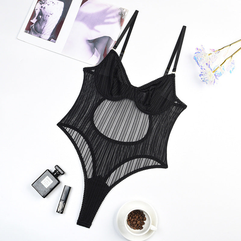 Seductive Striped Mesh Bodysuit with Underwire Support - Black Lingerie Feminé Luxé