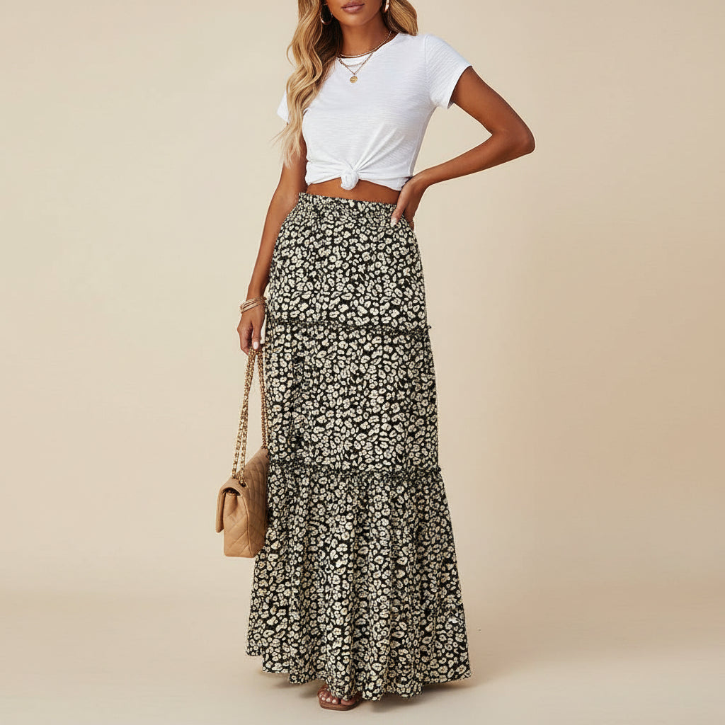 The Bohemian Resort Tiered Maxi Skirt | High-Rise & Hand-Printed Look Feminé Luxé
