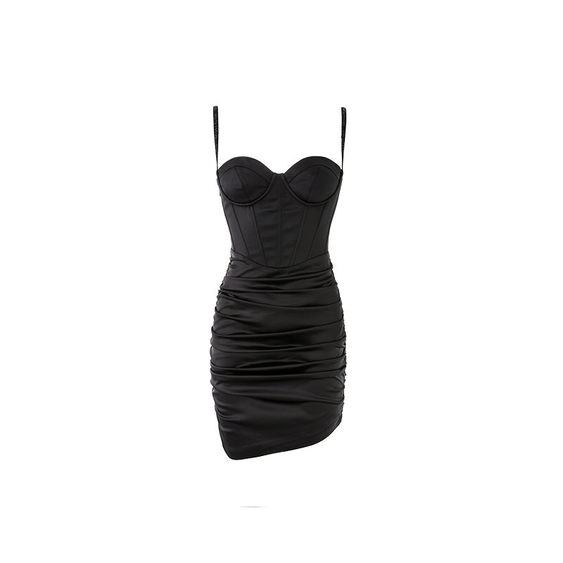 Noir Satin Herringbone Mini Bustier Dress Feminé Luxé