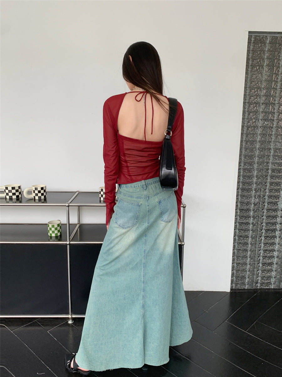 Sheer Mesh Lace-Up Corset Top | Long Sleeve Ruched Bustier Blouse Feminé Luxé