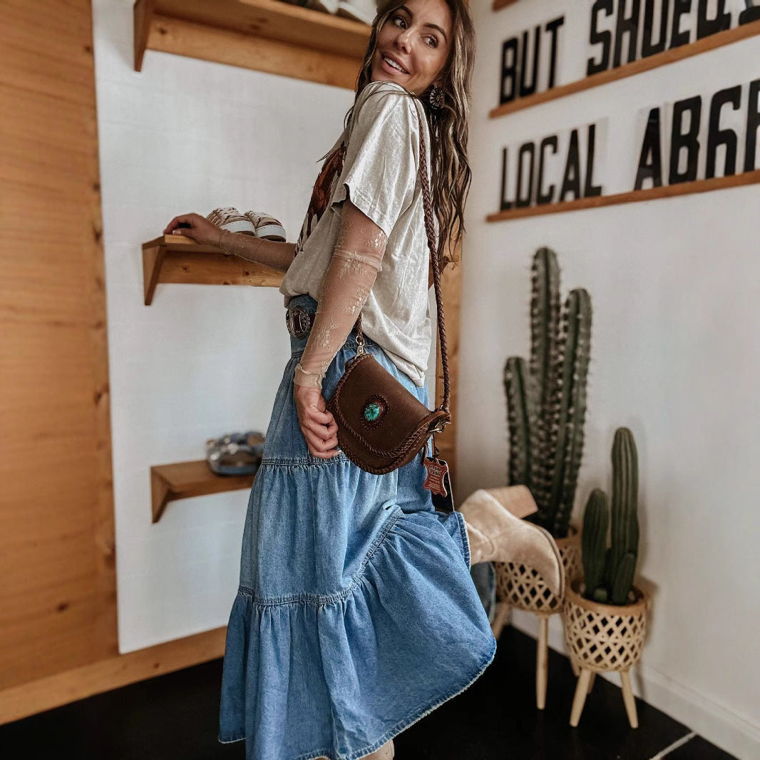 The Grand Riviera Denim Tiered Maxi Skirt | High-Rise A-Line & Western Detailing Feminé Luxé