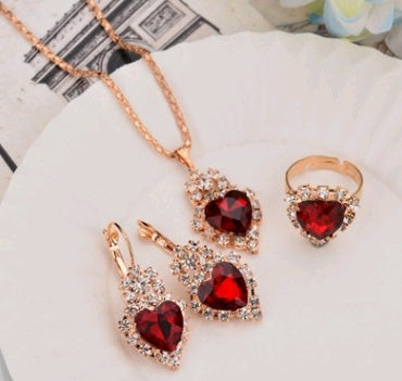 Opulent Rose Gold Ruby Teardrop Trio: Personalized Necklace, Earrings & Ring Set for High-Shine Glamour Feminé Luxé