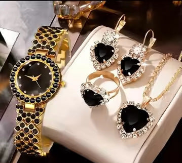 Luxurious 4-Piece Love Heart Crystal Watch & Jewelry Set (Red/Green/Blue) Feminé Luxé