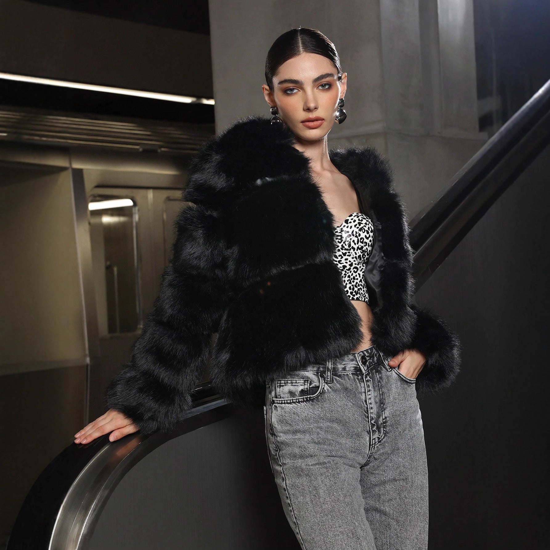 Statement Black Faux Fur Hooded Short Jacket Feminé Luxé