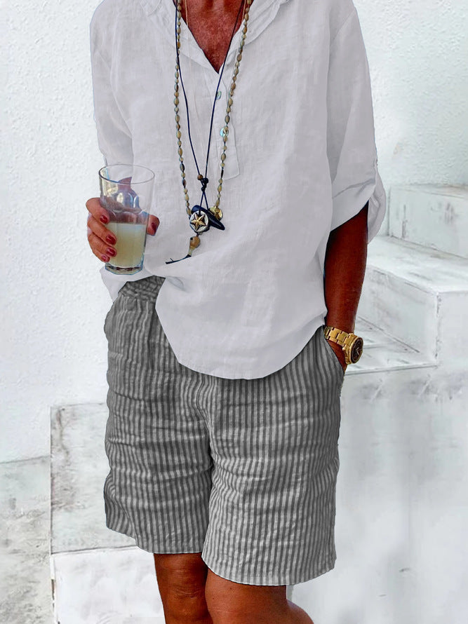 Linen Blend Striped Loose Casual Summer Shorts Feminé Luxé