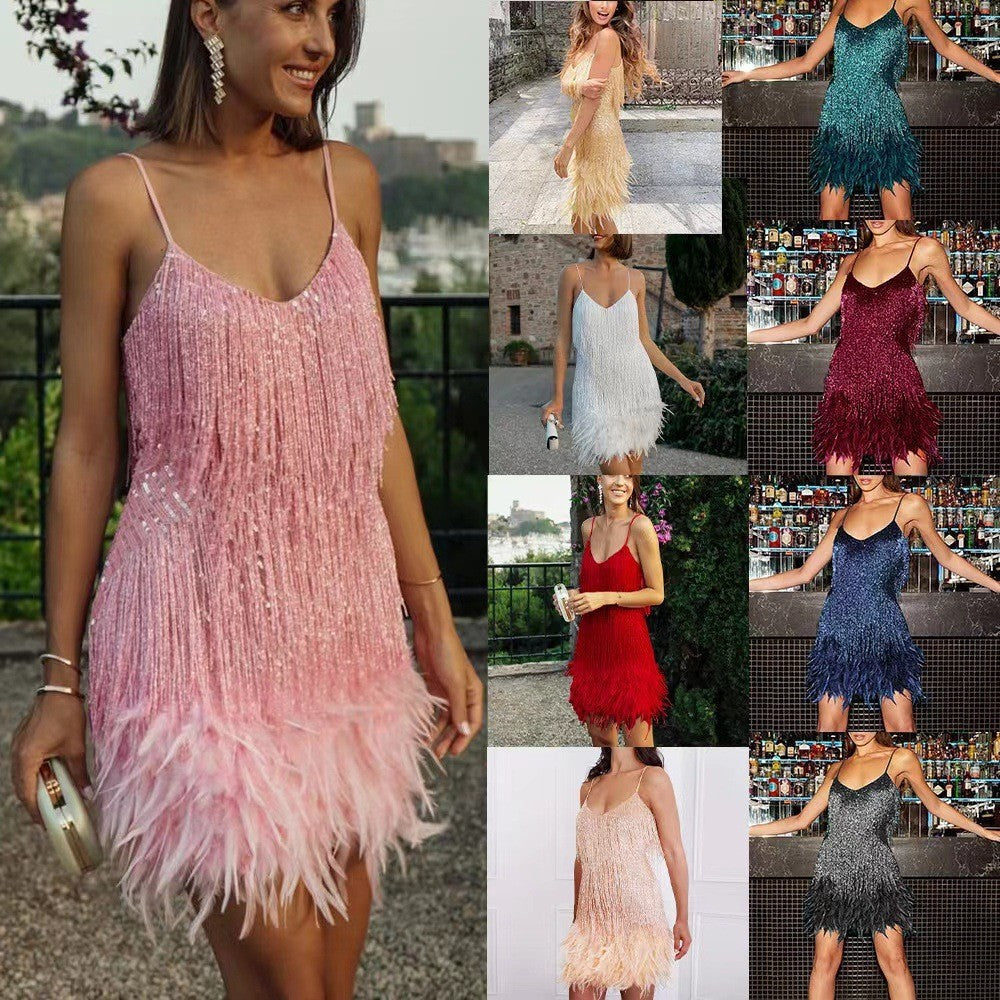 Pink Tassel Sequin Feather Mini Dress Feminé Luxé