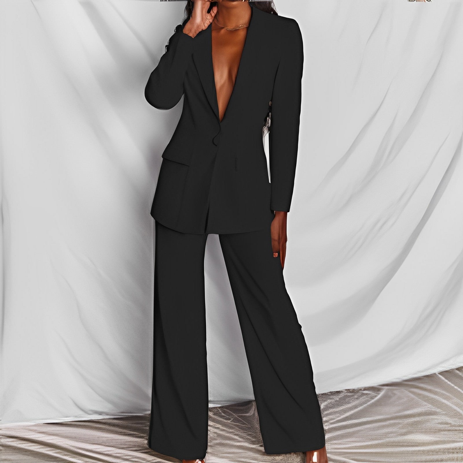Elegant Spring Solid Color Blazer & Wide Leg Pant Set Feminé Luxé