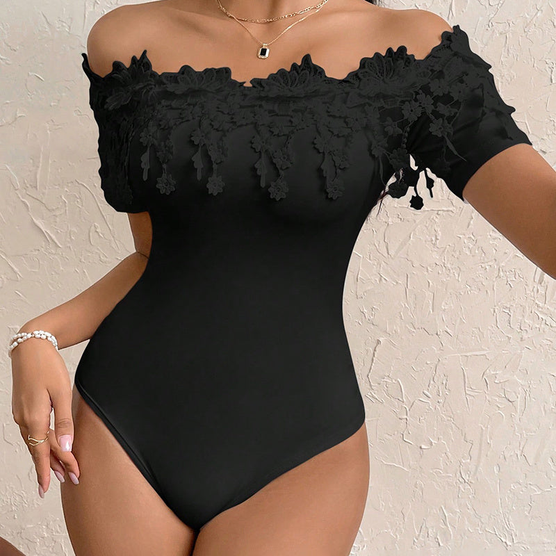Romantic Off-Shoulder Lace Trim Bodycon Bodysuit Feminé Luxé