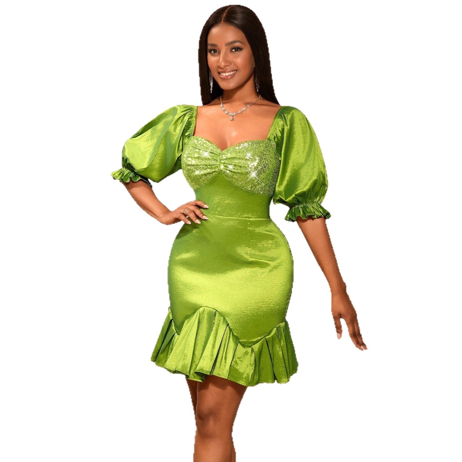 Sequin Stitching Ruffled Banquet Sheath Evening Dress Feminé Luxé