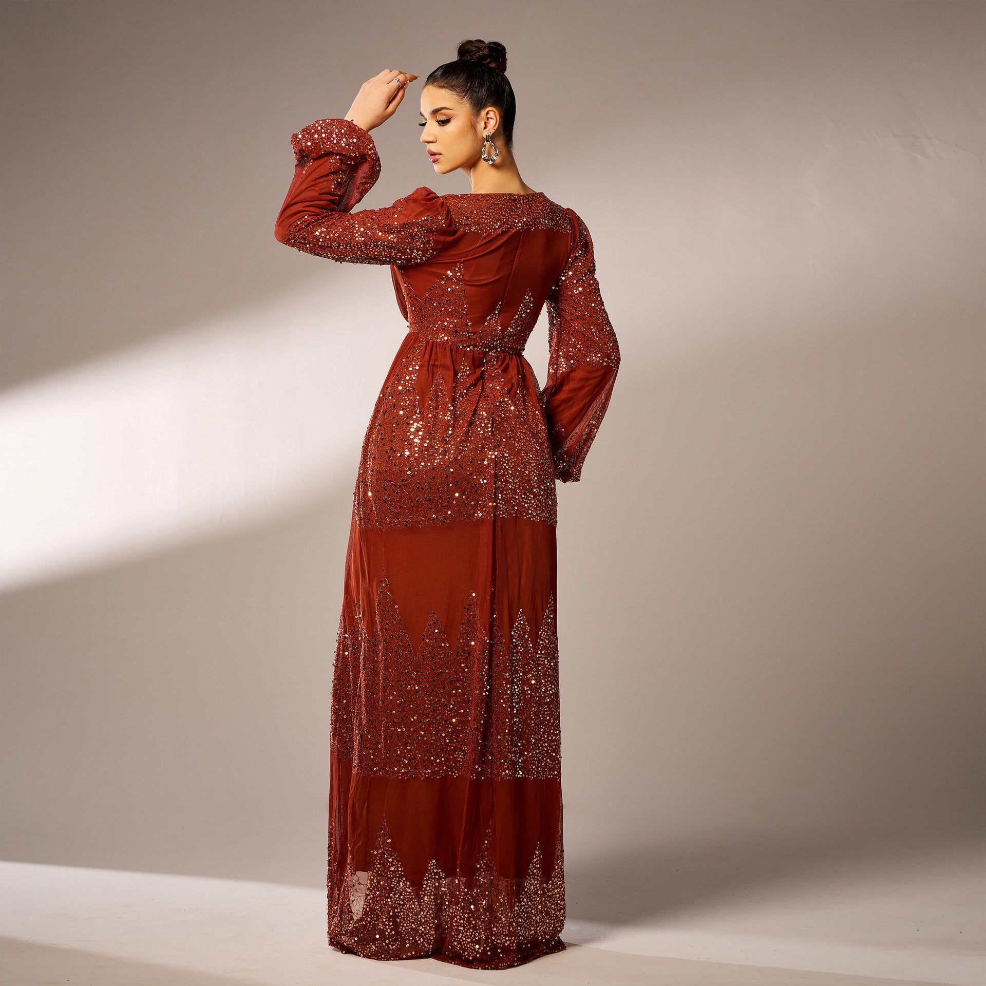 Long Sleeve V-Neck Sequined Evening Dress – Elegant Slit Design Feminé Luxé