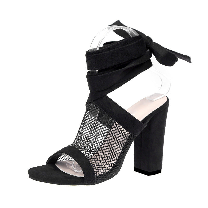 Runway Rebellion: The 'Obsidian' Mesh & Flocking Block Heel Sandals Feminé Luxé