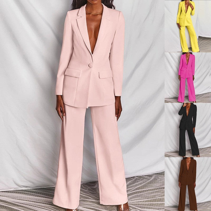 Elegant Spring Solid Color Blazer & Wide Leg Pant Set Feminé Luxé
