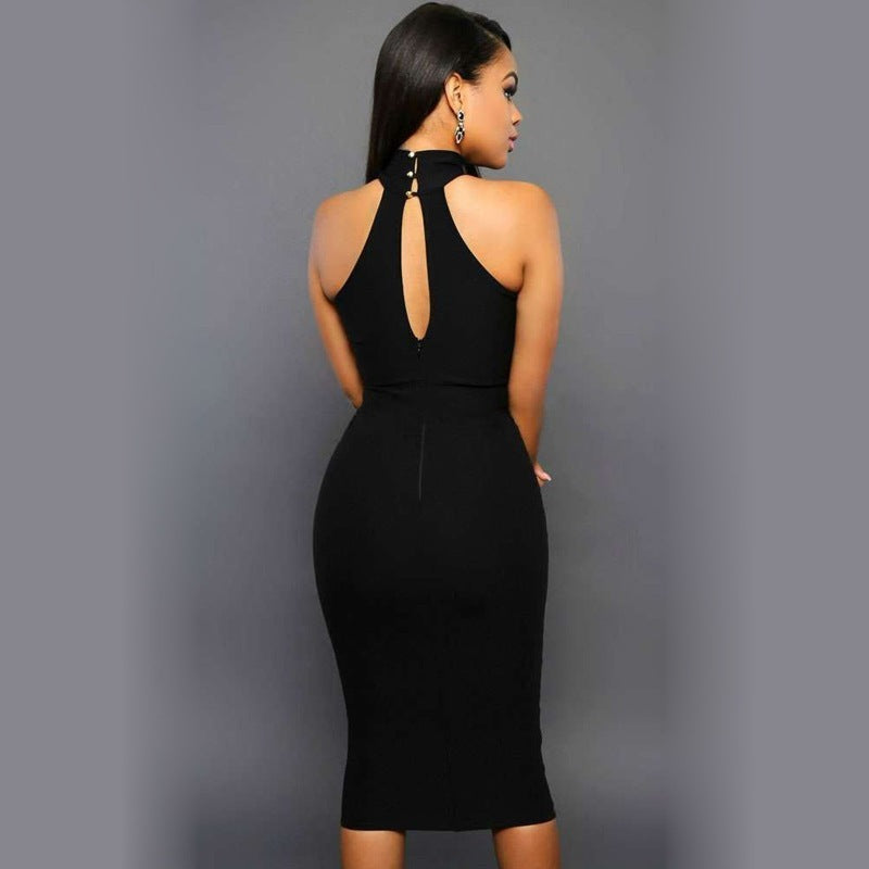 Elegant Mesh Panel Halter Midi Dress | Black Bodycon Cocktail Party Attire Feminé Luxé